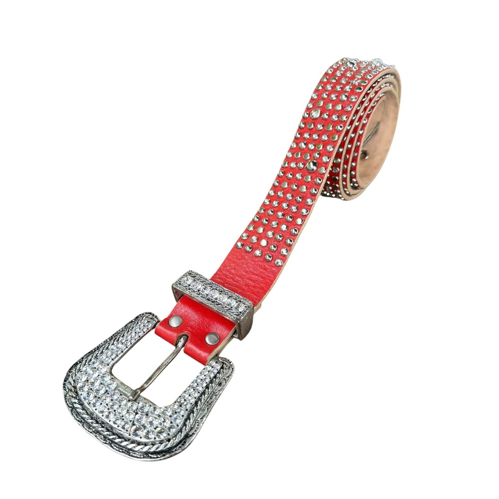 Leatherock Red Leather Rhinestone Studded Western Belt‎ Silver Buckle L36 3719